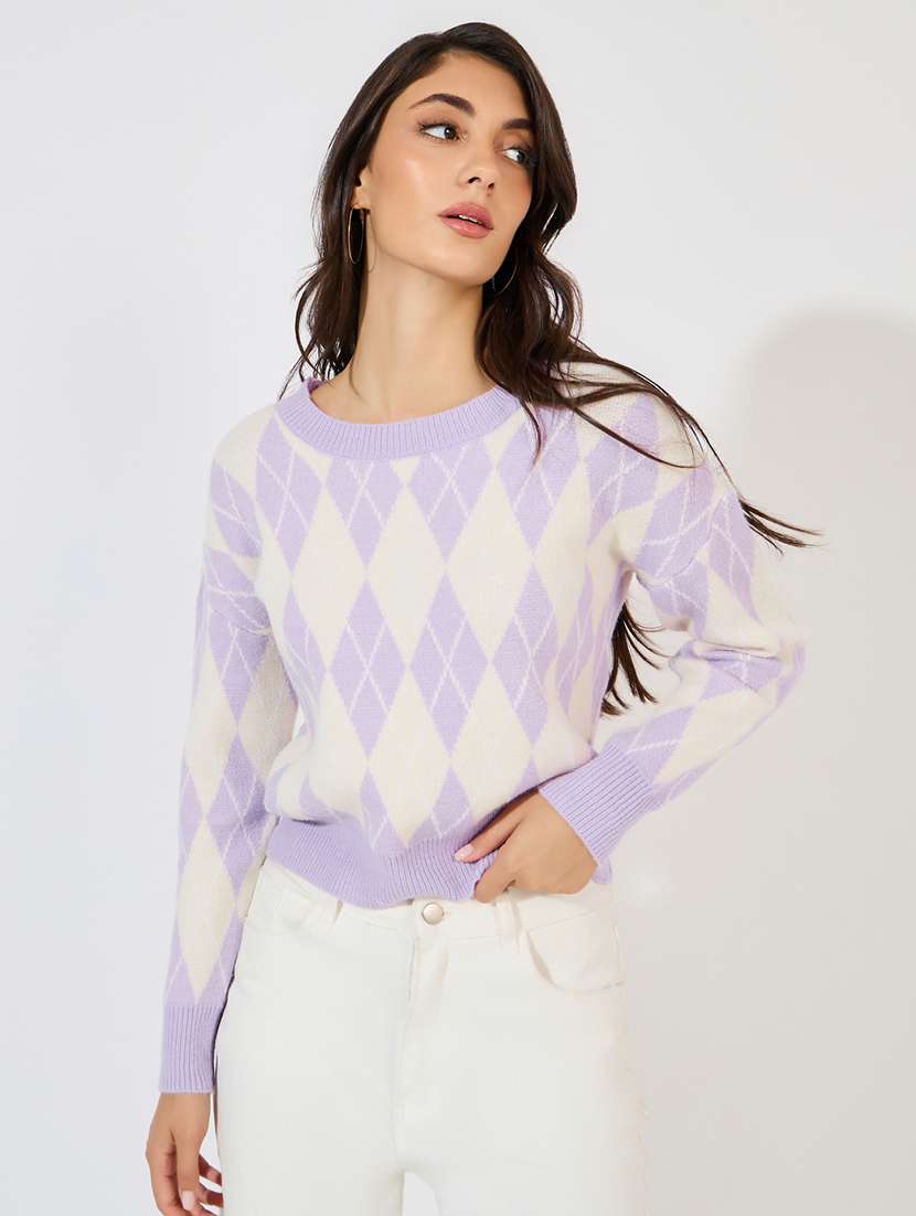 women lavender self design round neck pullover