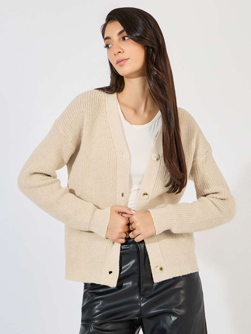 women beige self design long sleeve cardigan - 21390831 -  Standard Image - 1