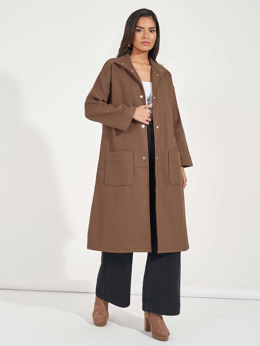 women brown solid full sleeve coat - 21390873 -  Standard Image - 1