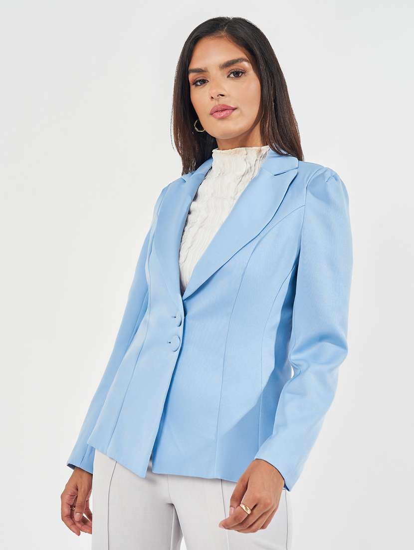 women light blue solid single breasted blazer - 21390875 -  Standard Image - 1
