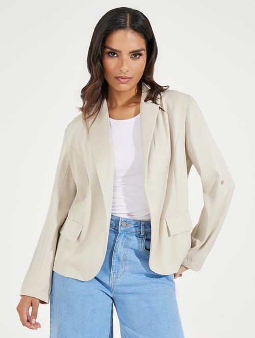 women beige solid casual blazer - 21390876 - Standard Image - 0