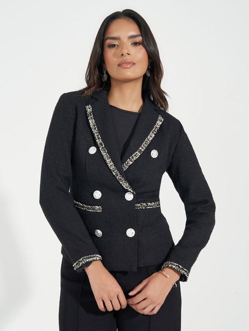 women black solid long sleeve double breasted blazer - 21390880 - Standard Image - 0