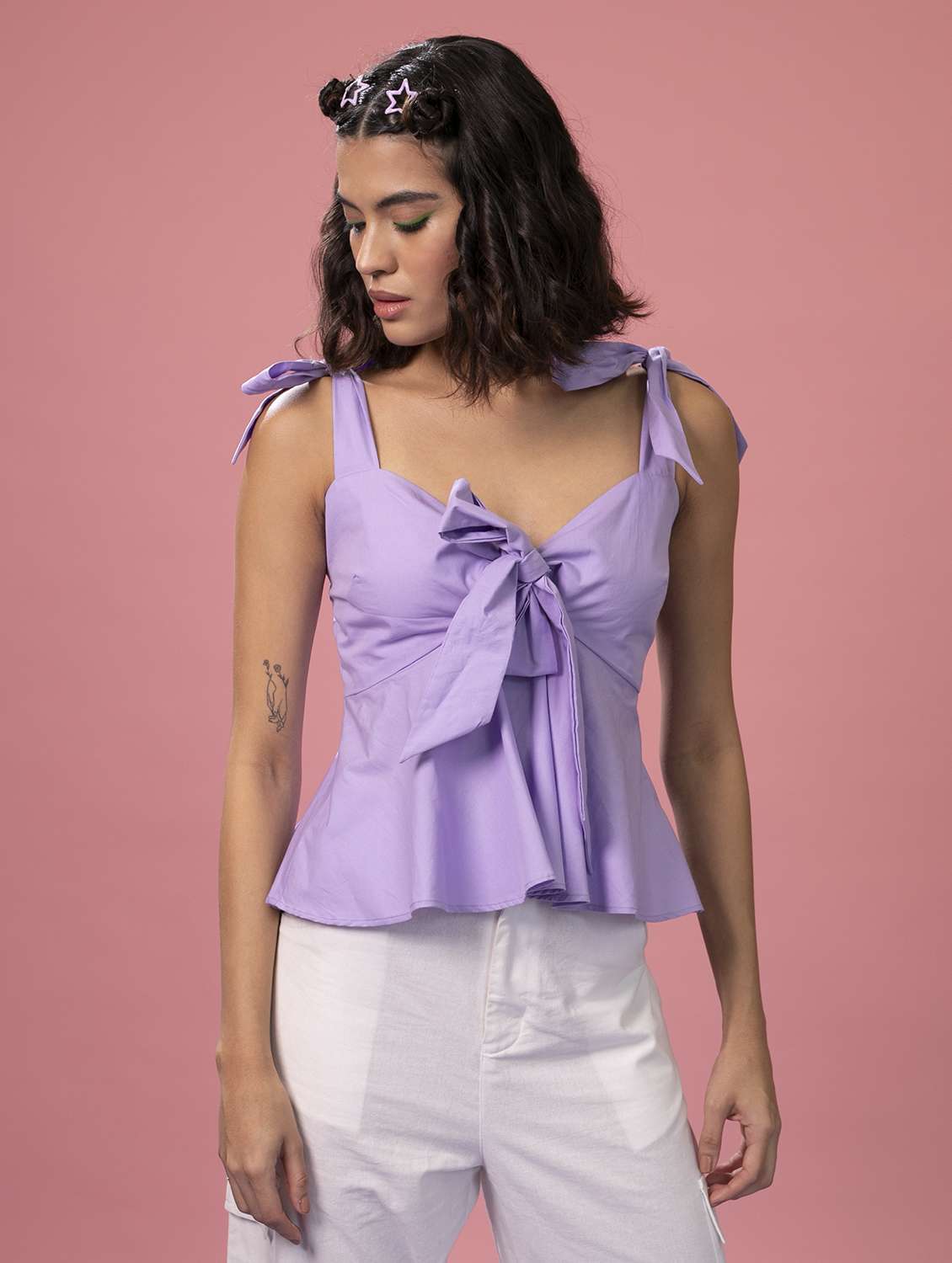 women solid tie up neck peplum top - 21390920 -  Standard Image - 1