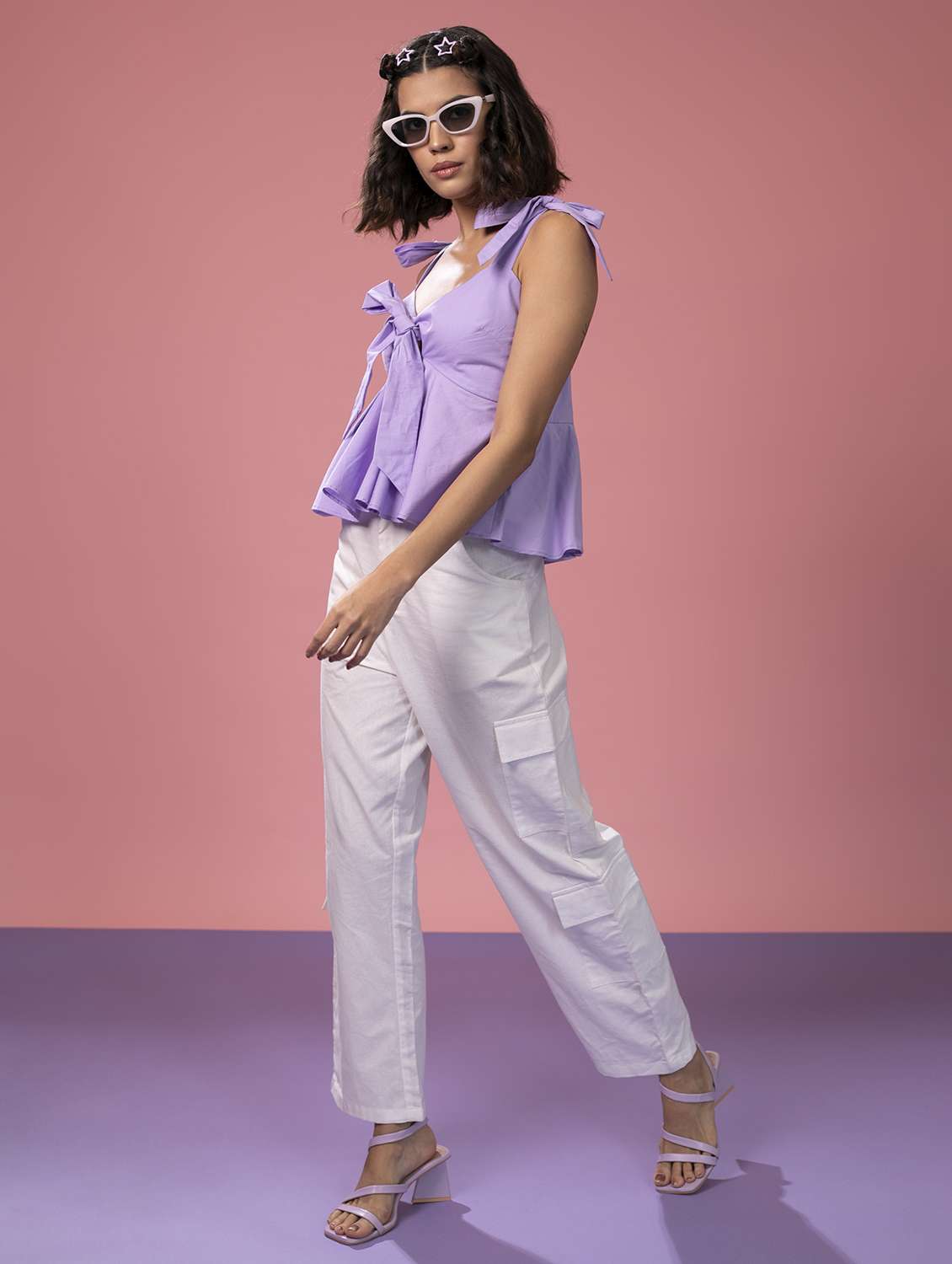 women solid tie up neck peplum top - 21390920 -  Standard Image - 4