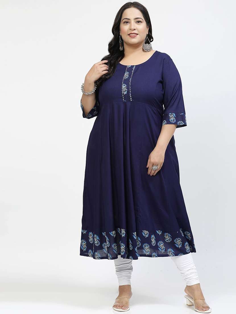 women navy blue round neck plus size flared kurta - 21391104 - Standard Image - 1