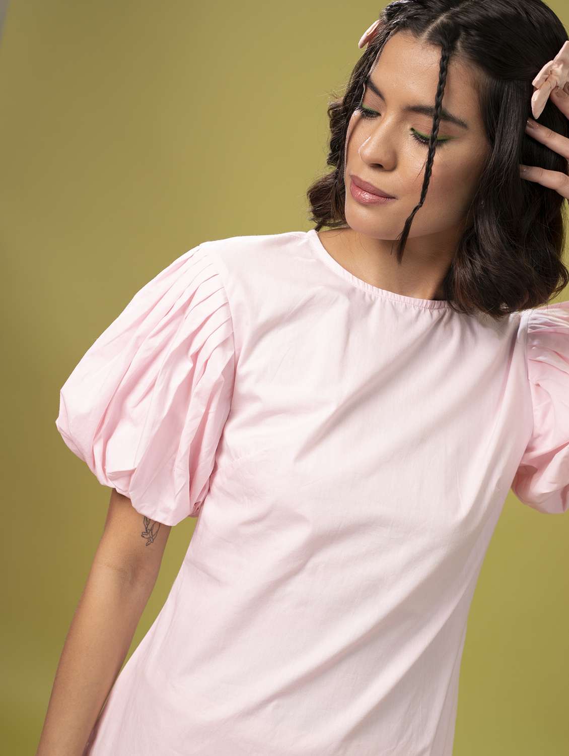 women solid puff sleeves a-line dress - 21391125 -  Standard Image - 4