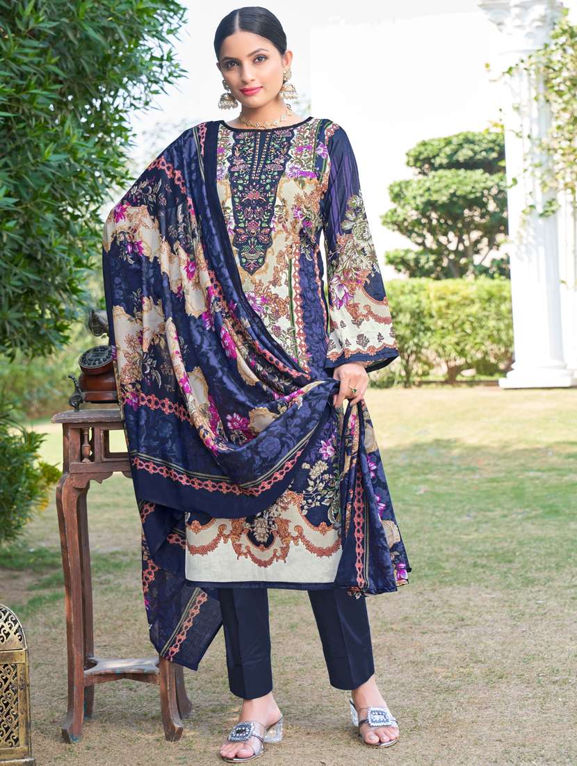 women navy blue long sleeve kurta pant with dupatta set