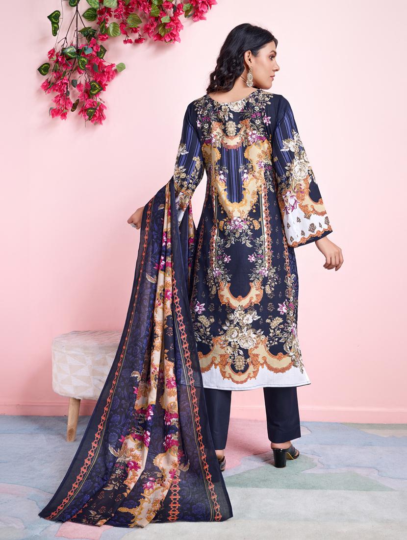 women navy blue long sleeve kurta pant with dupatta set - 21391316 - Standard Image - 1