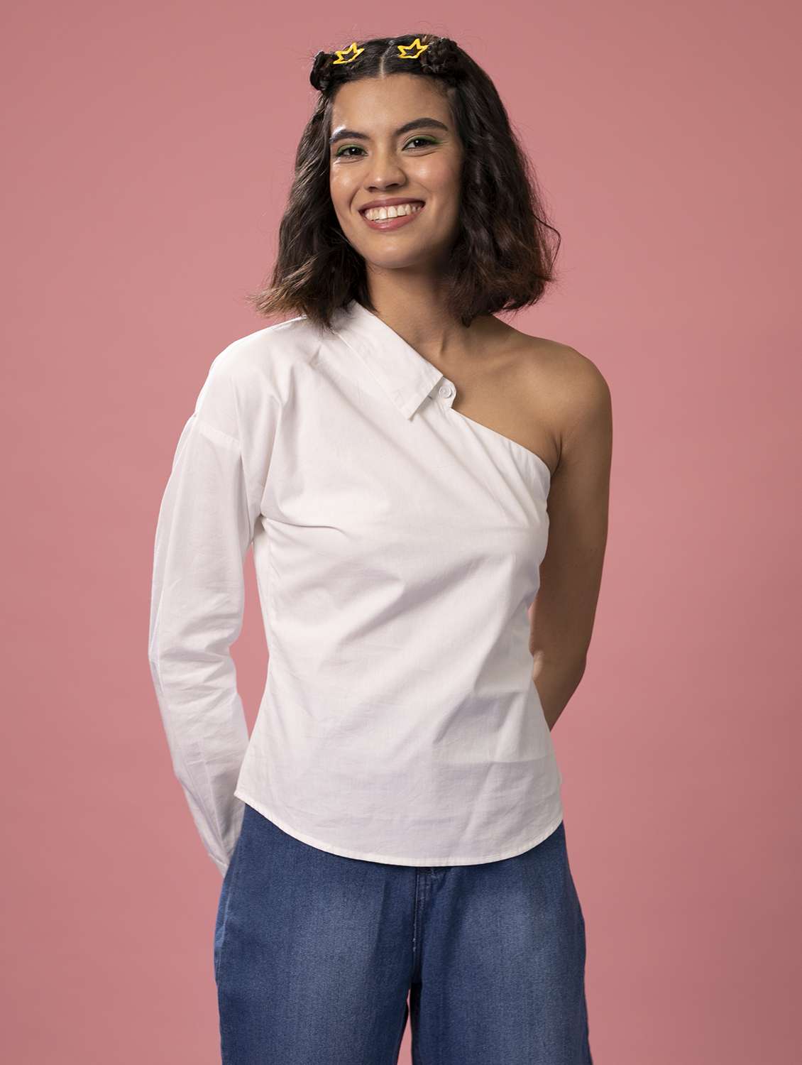 women solid collared single shoulder shirt - 21391531 -  Standard Image - 1