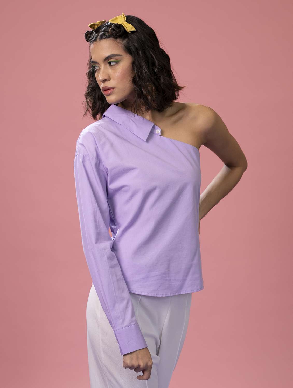 women solid collared single shoulder shirt - 21391532 -  Standard Image - 1