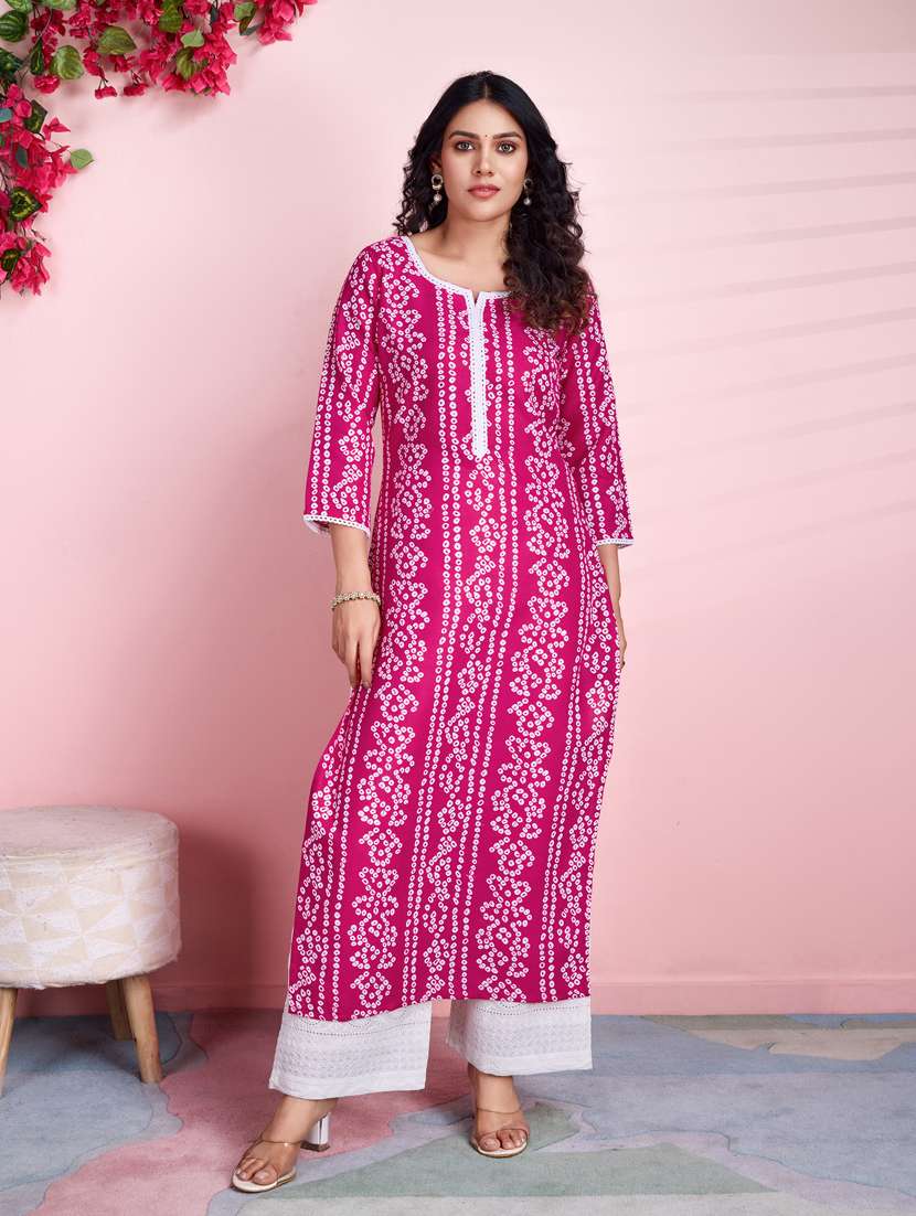 women pink bandhani printed straight kurta - 21391624 -  Standard Image - 1