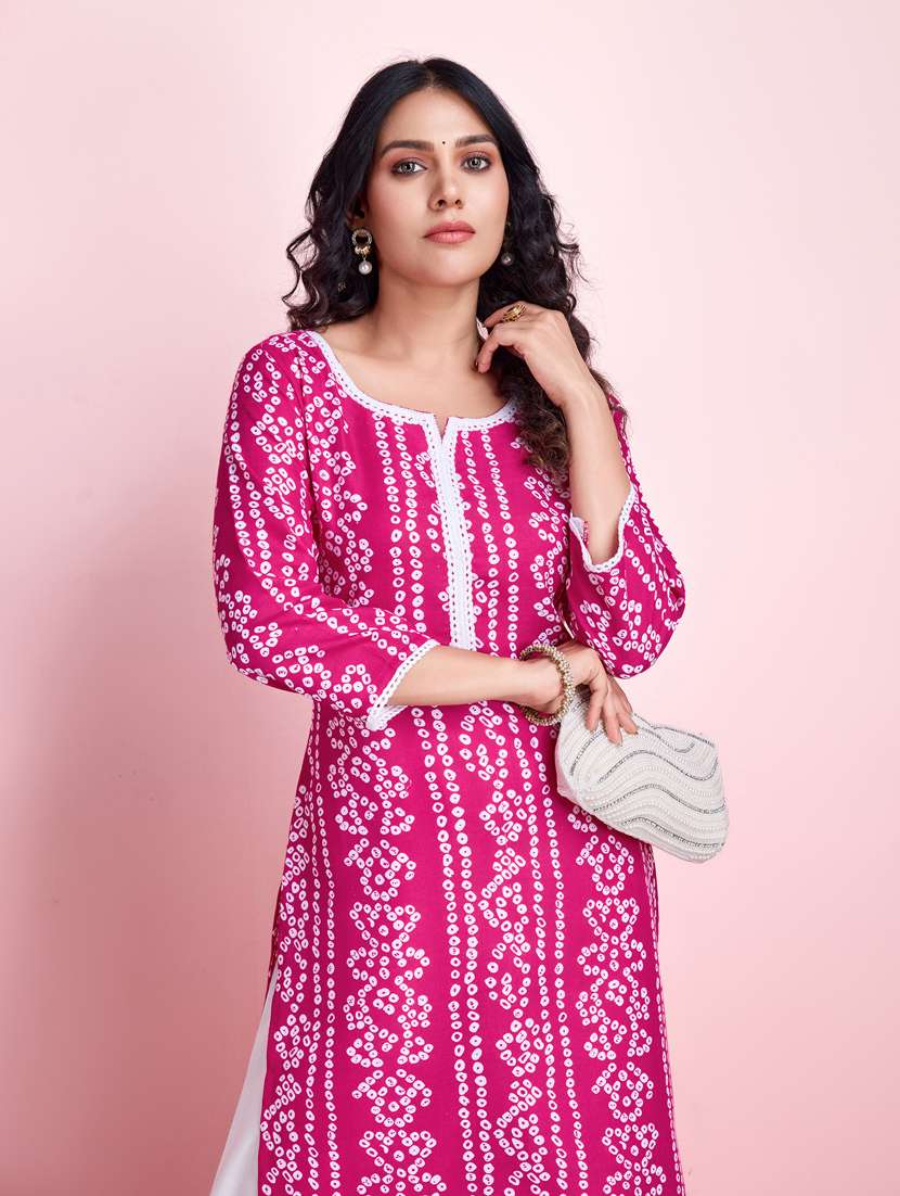women pink bandhani printed straight kurta - 21391624 -  Standard Image - 4