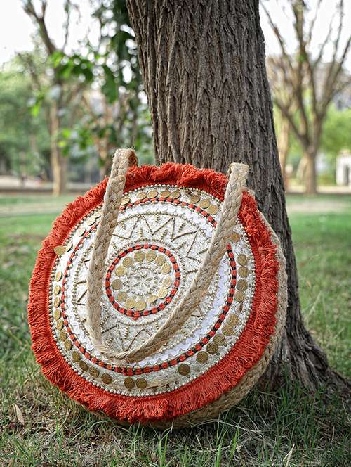 women embellished jute tote bag
