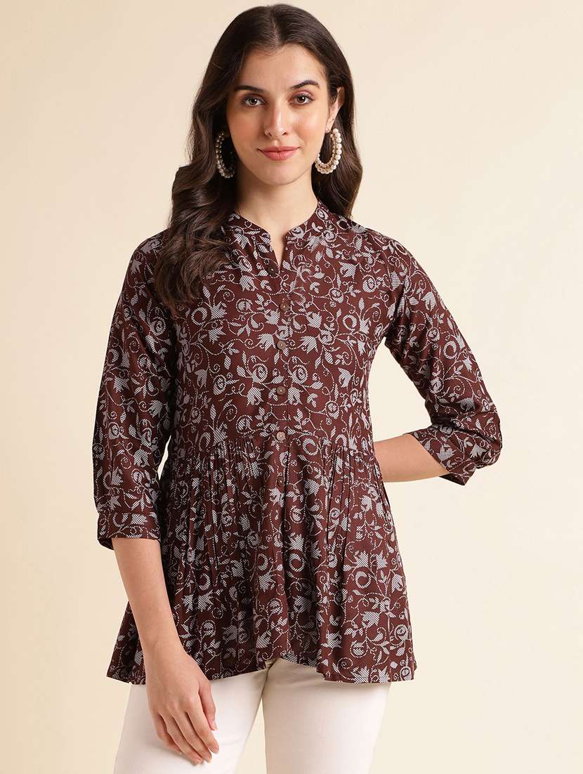 women maroon mandarin neck a-line kurti