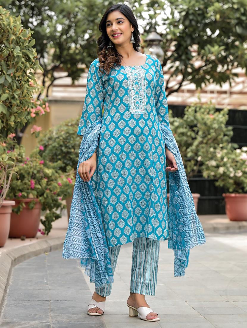 women light blue printed kurta pant set with dupatta - 21391928 - Standard Image - 1