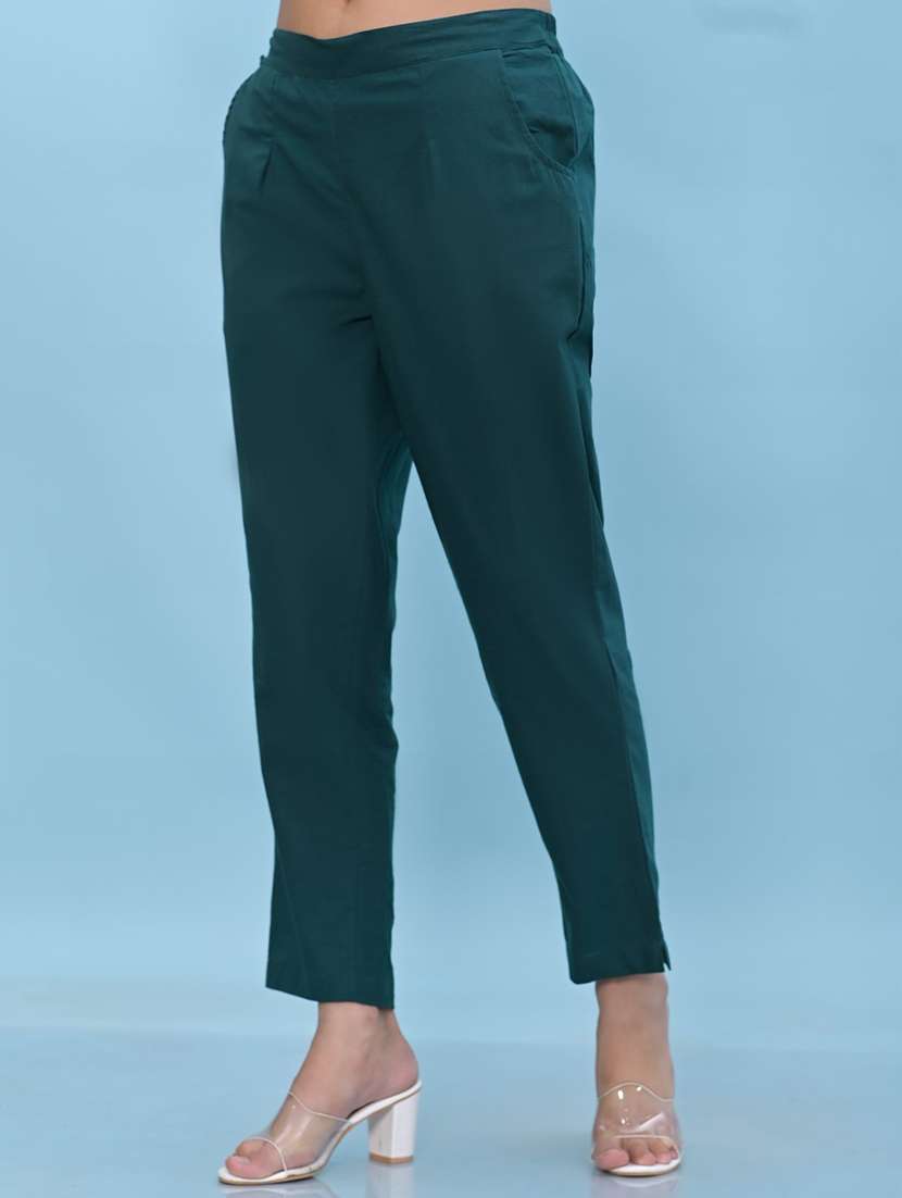 women teal green cotton cigarette pants - 21391948 -  Standard Image - 1