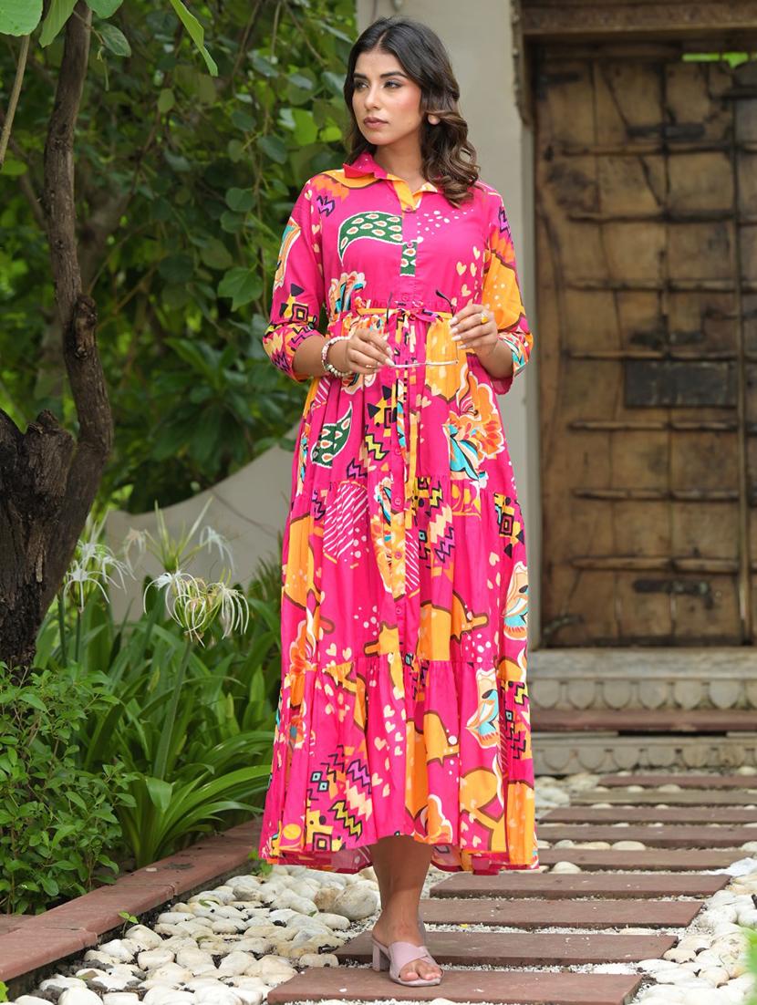 fuchsia cotton tiered ethnic dress - 21391954 - Standard Image - 1