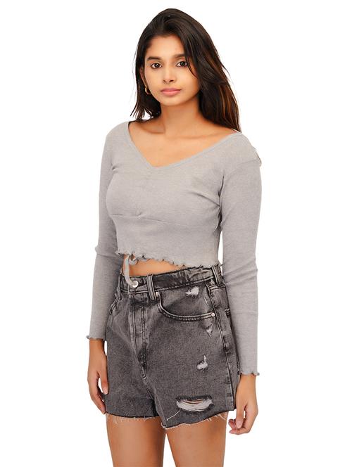 women grey cotton crop top - 21392129 - Standard Image - 0