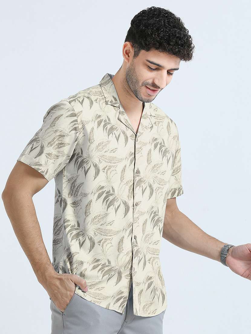 men off-white leaf printed short sleeve cuban collar casual shirt - 21392246 - Standard Image - 1