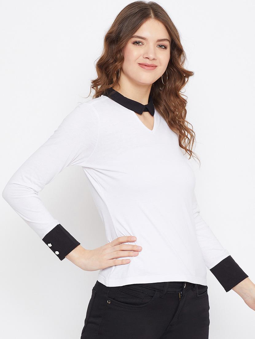 women white cotton blend regular top - 21392306 - Standard Image - 1