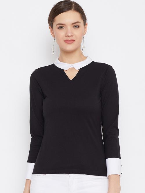women black key hole neck long sleeves top - 21392308 - Standard Image - 0