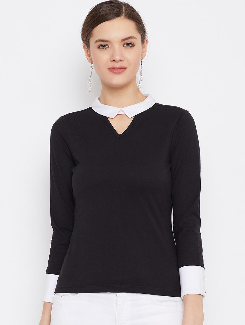 women black key hole neck long sleeves top - 21392308 - Zoom Image - 0