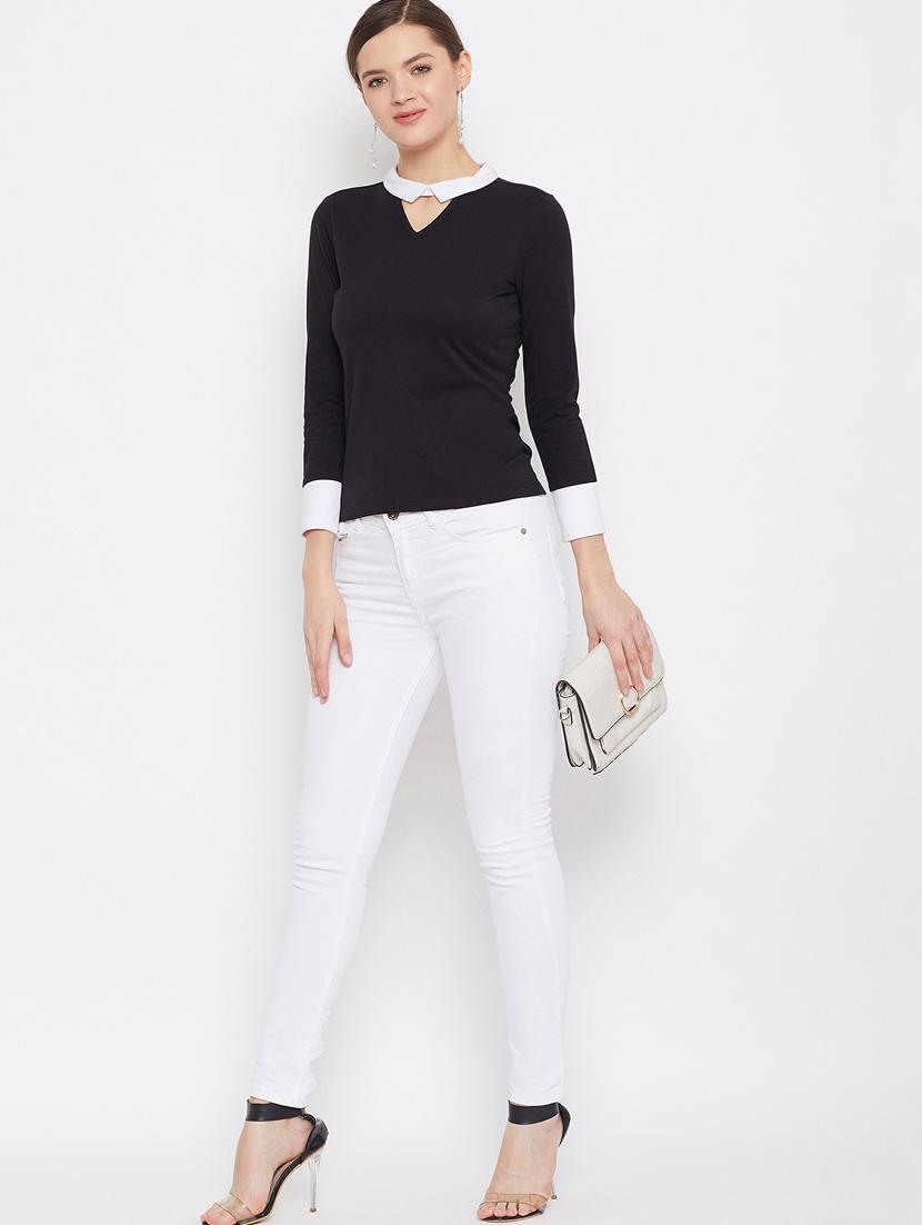 women black key hole neck long sleeves top - 21392308 - Standard Image - 4