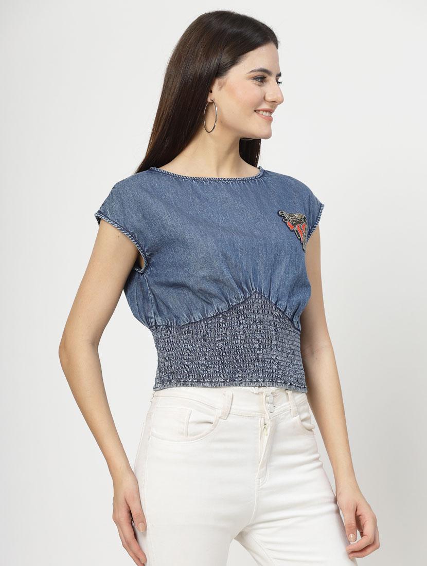 women blue cotton blend crop top - 21392335 - Standard Image - 1