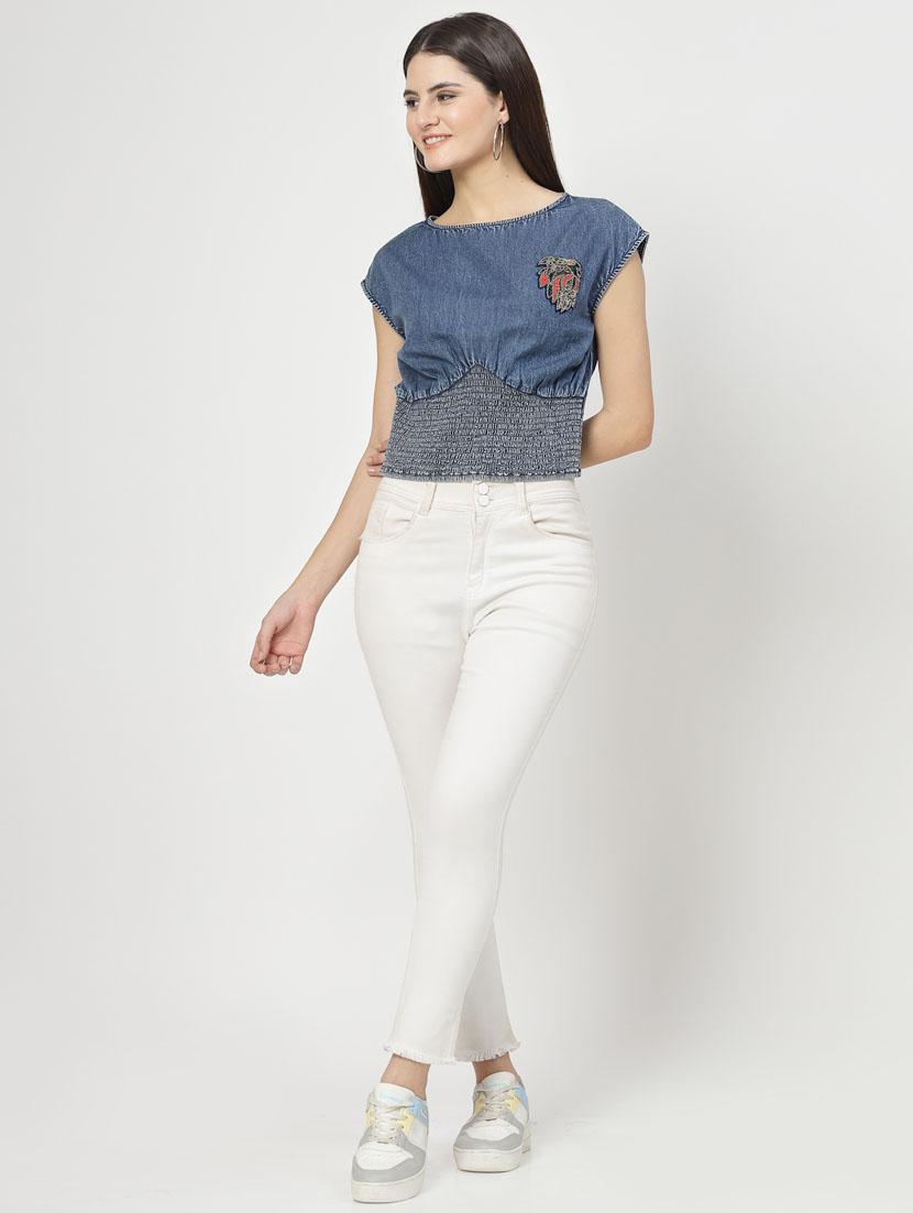 women blue cotton blend crop top - 21392335 - Standard Image - 4