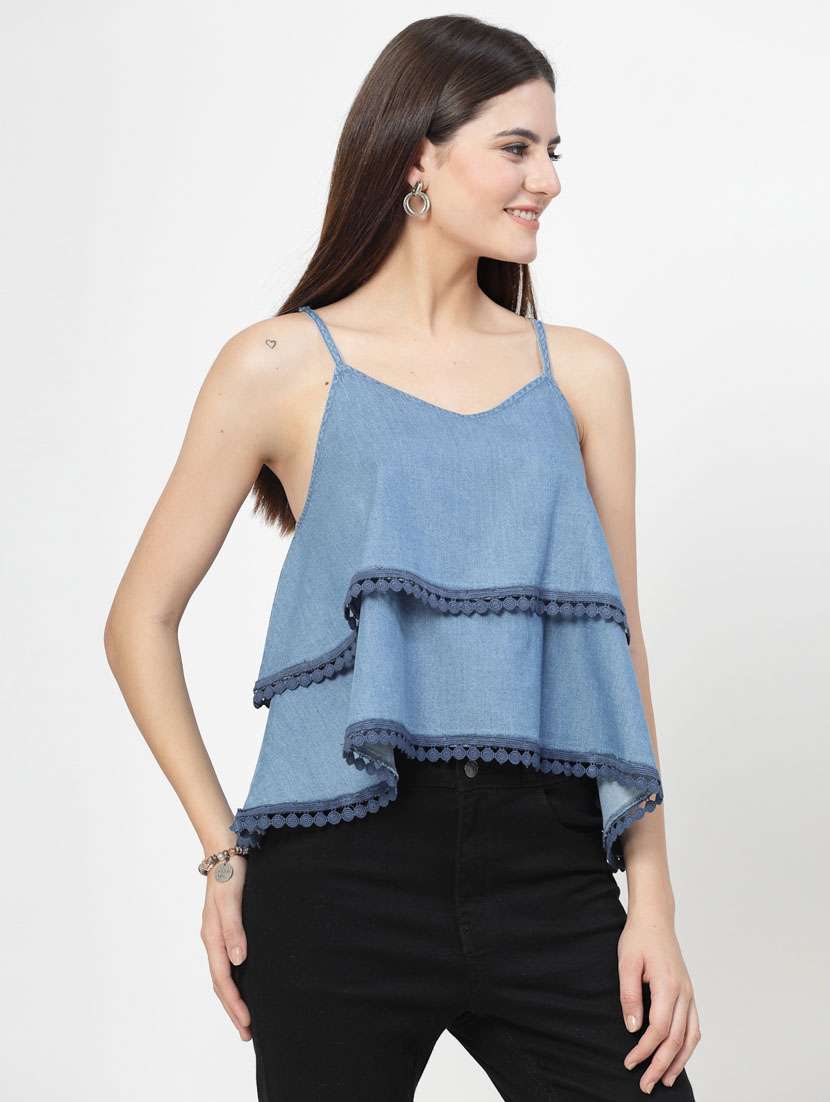 women blue cotton blend layered top - 21392336 - Standard Image - 1