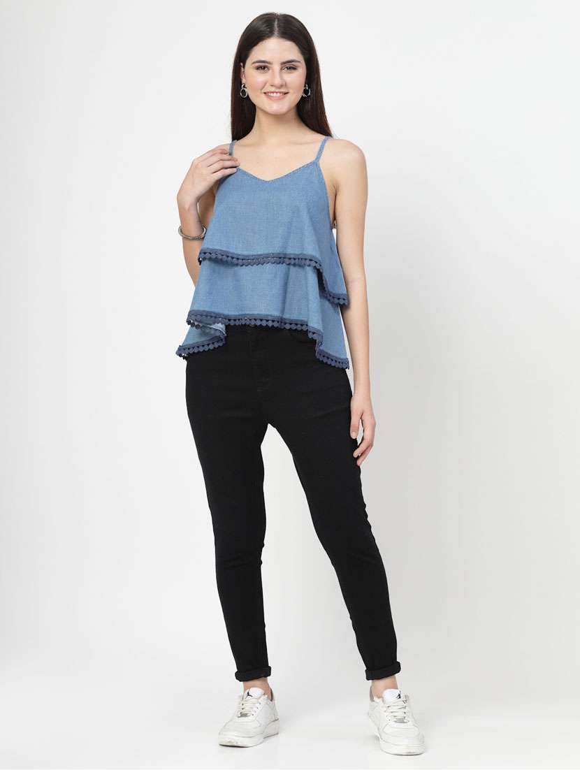 women blue cotton blend layered top - 21392336 - Standard Image - 4
