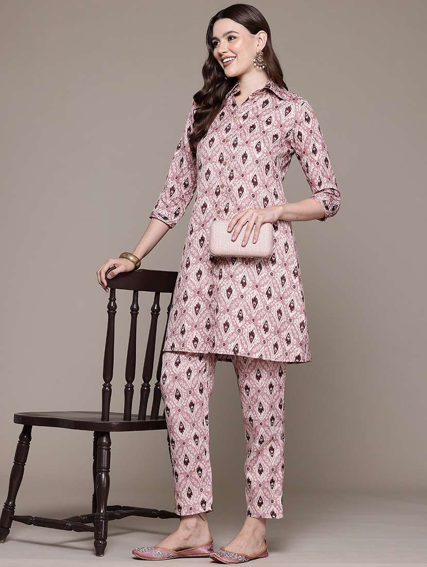 women shirt collar printed co-ord set