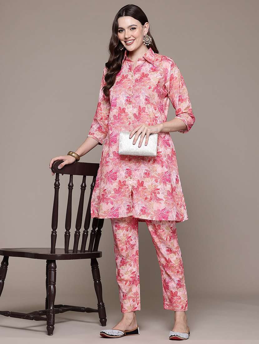 women shirt collar printed co-ord set