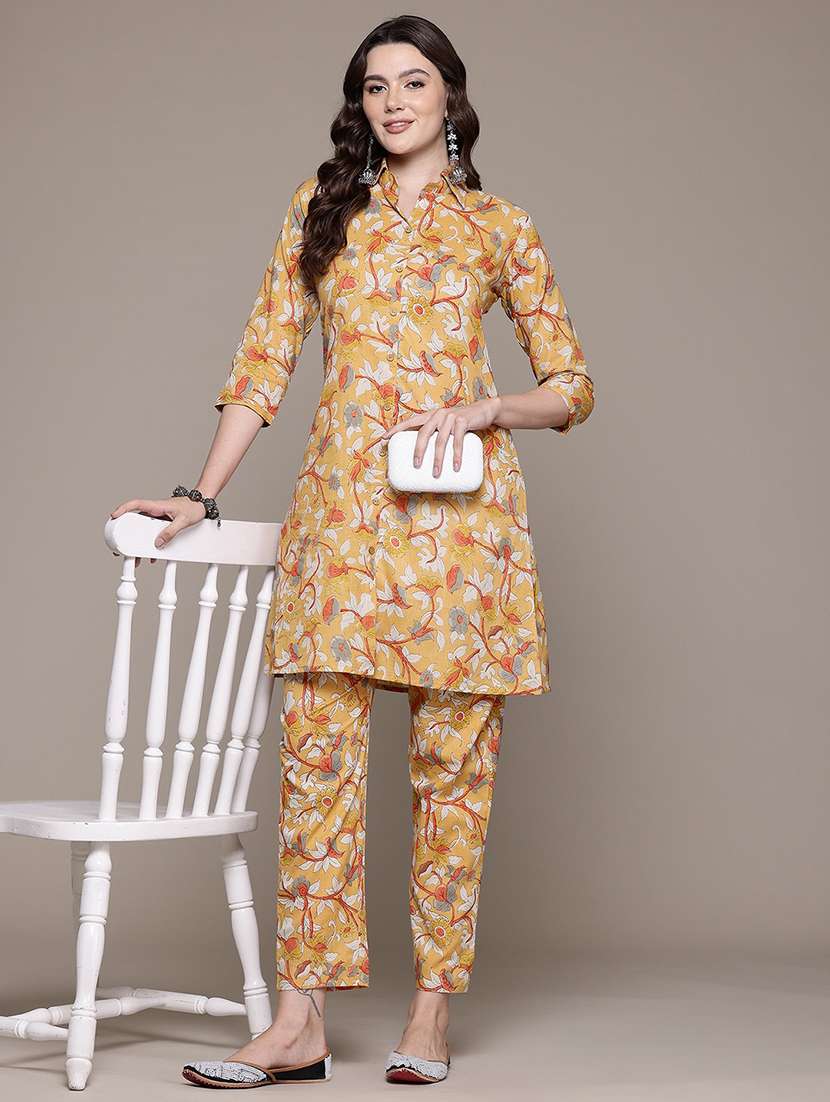 women mustard floral printed co-ord sets