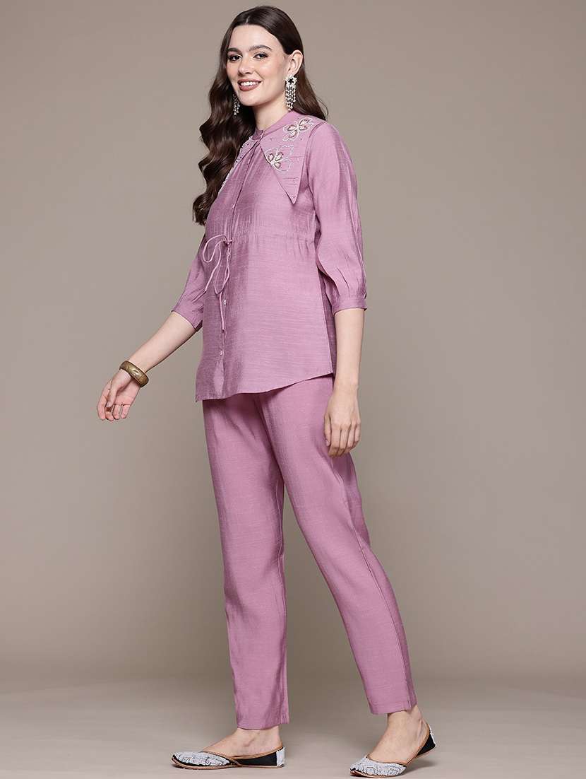 women mauve mandarin neck co-ord sets - 21393231 -  Standard Image - 1