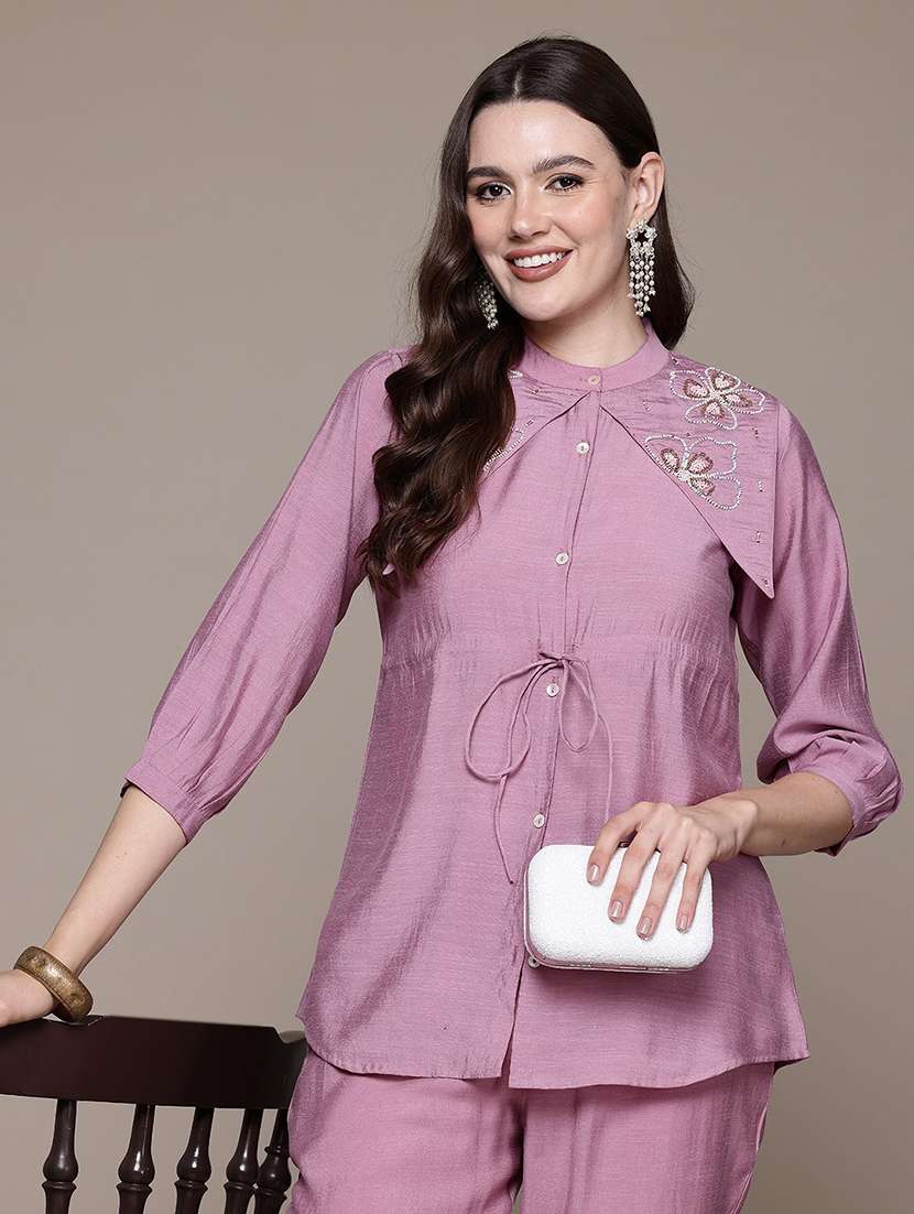 women mauve mandarin neck co-ord sets - 21393231 -  Standard Image - 4