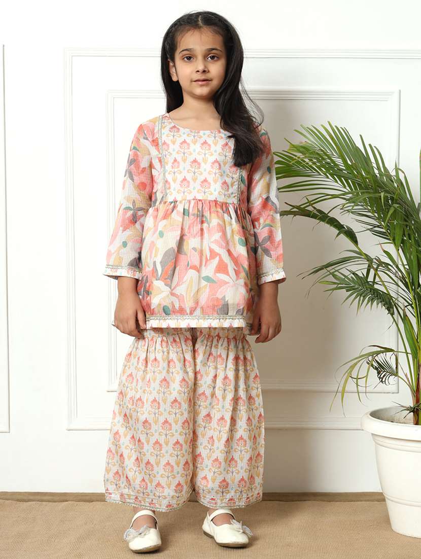 girls printed kurta and sharara set 