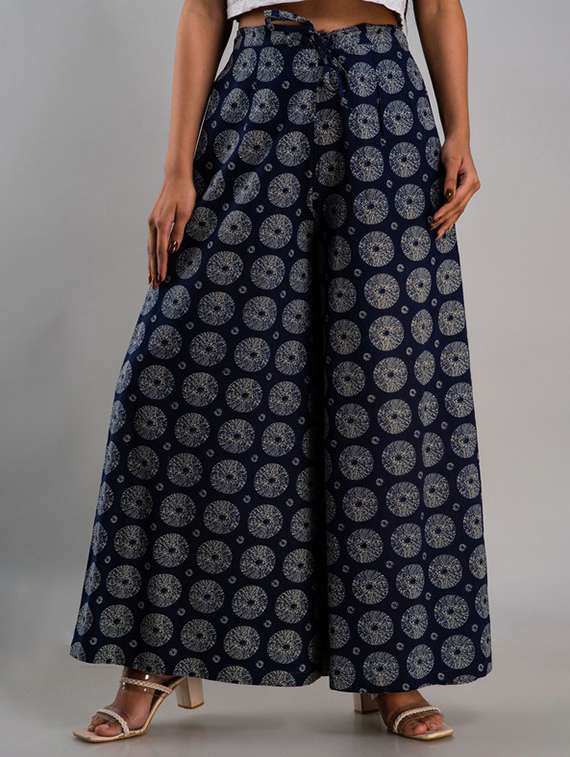 women navy blue cotton blend palazzo