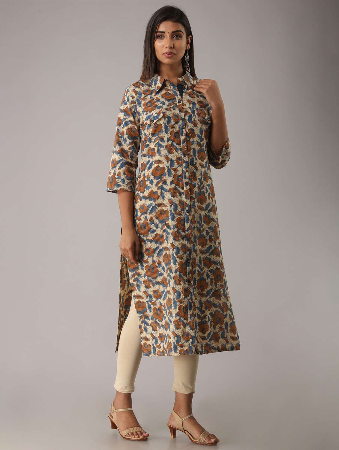 women three quarter sleeve straight kurta - 21393395 - Standard Image - 1