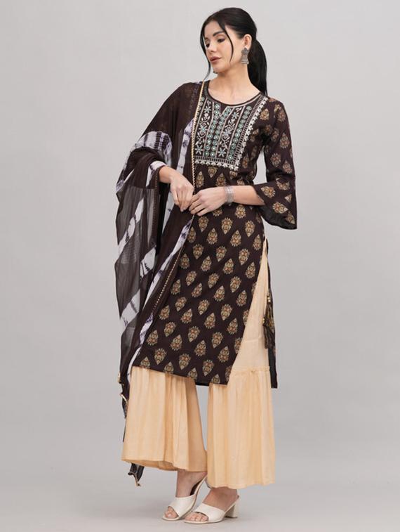 women brown kurta sharara set with dupatta - 21393429 - Standard Image - 1
