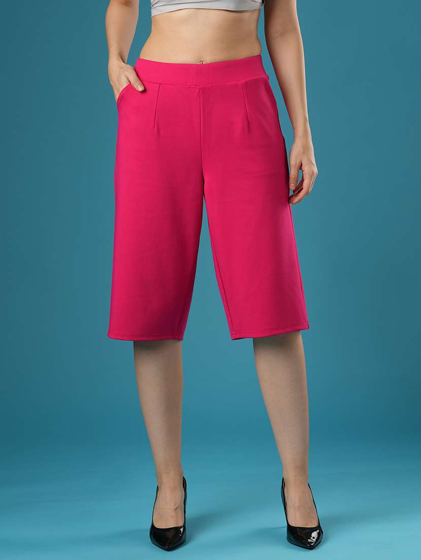 globus women hot pink mid rise stretchable relaxed fit flat front slip-on culottes