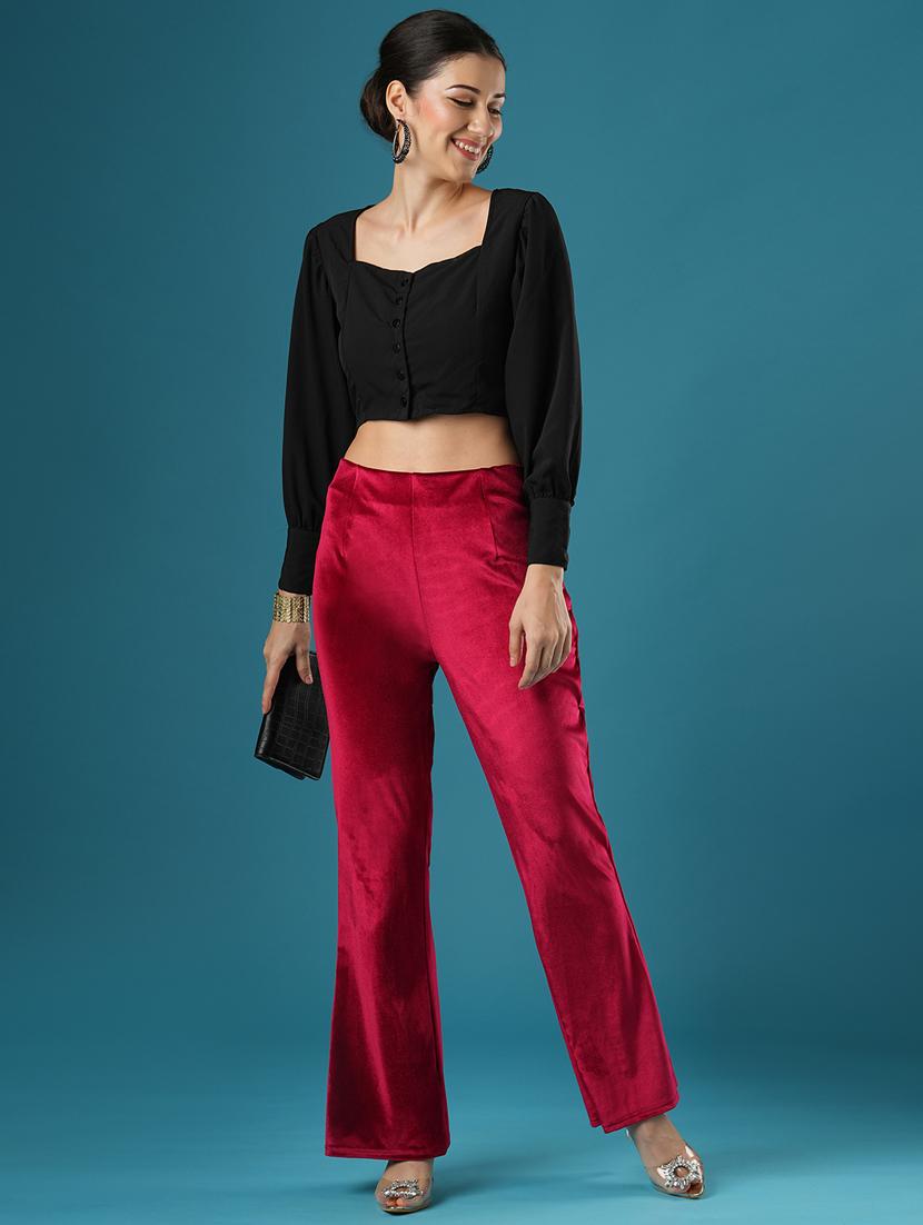 globus women red velvet mid rise stretchable slim fit flared party treggings - 21393558 - Standard Image - 4