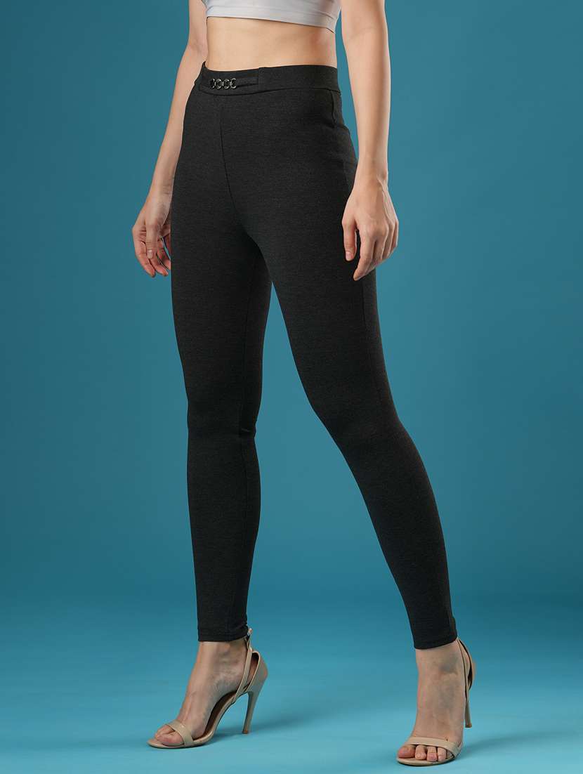 globus women grey melange mid rise stretchable skinny fit workwear treggings - 21393563 -  Standard Image - 1