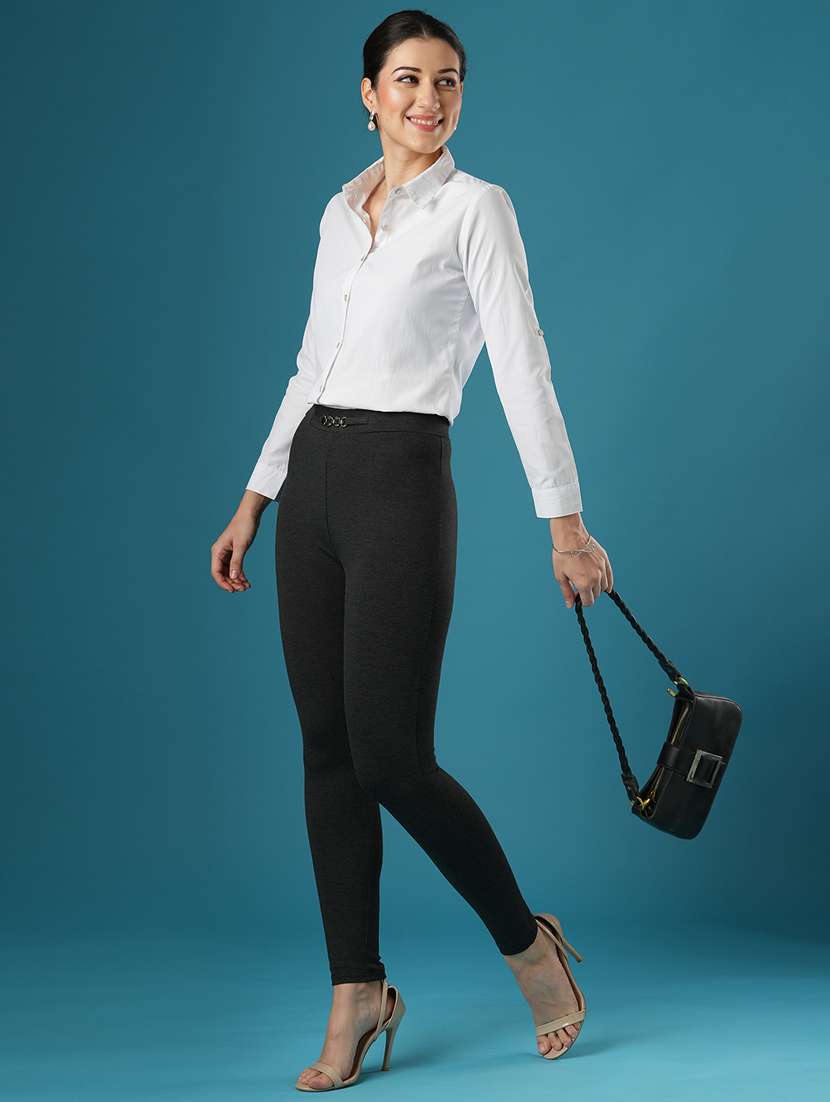 globus women grey melange mid rise stretchable skinny fit workwear treggings - 21393563 -  Standard Image - 4