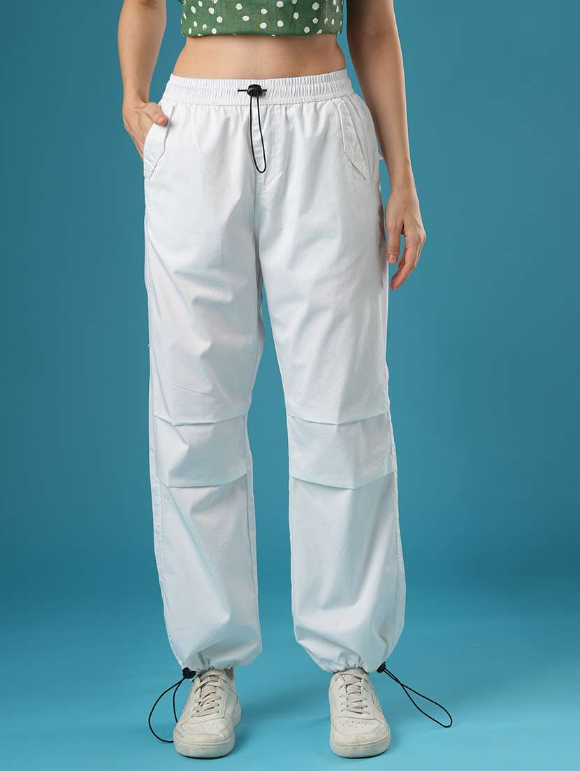 globus women white mid-rise relaxed fit drawstring waist toggles hem parachute pant