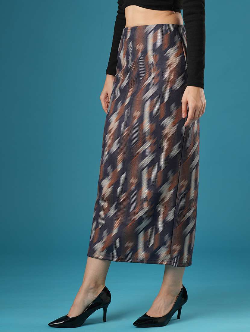 globus women dark grey mid-rise canvas hazzy print back slit a-line midi skirt - 21393576 -  Standard Image - 1