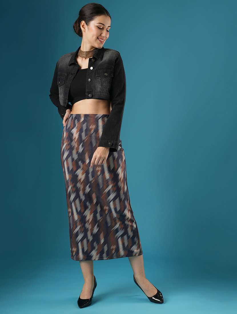 globus women dark grey mid-rise canvas hazzy print back slit a-line midi skirt - 21393576 -  Standard Image - 4