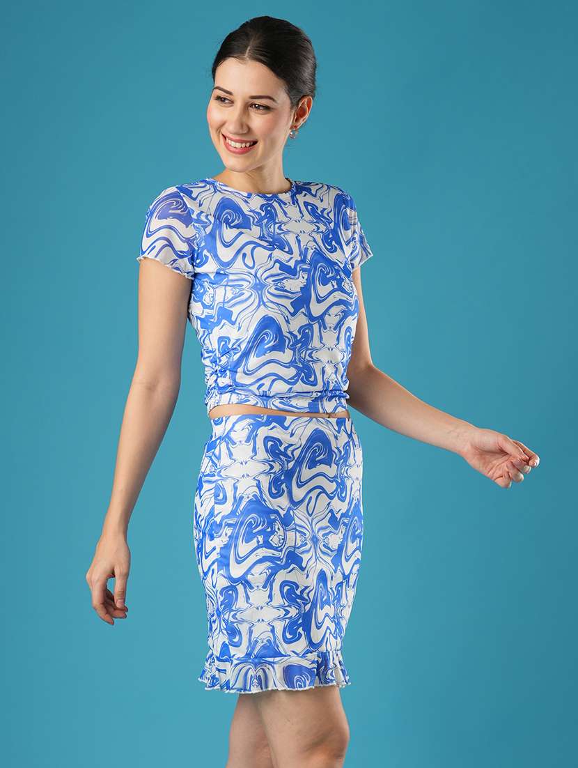 globus women blue abstract printed side ruched top & flounce hem mini pencil skirt co-ord set - 21393579 -  Standard Image - 1