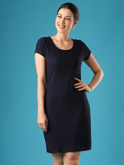 globus women navy blue round neck short sleeves knitted self textured workwear sheath dress - 21393581 -  Standard Image - 0