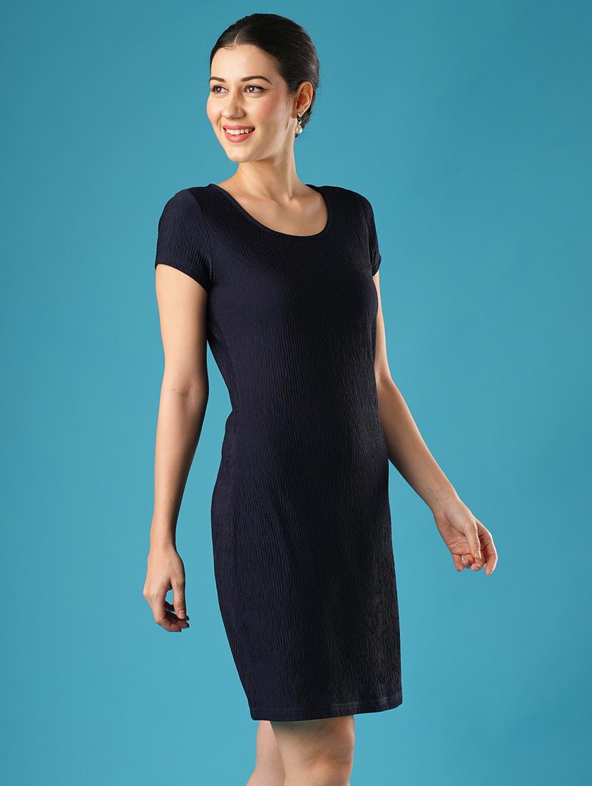 globus women navy blue round neck short sleeves knitted self textured workwear sheath dress - 21393581 -  Standard Image - 1